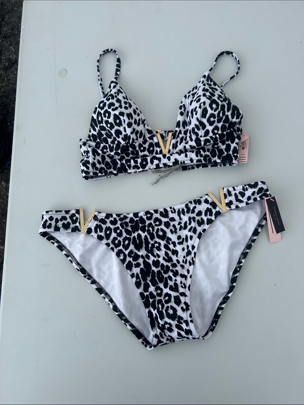 Victorias Secret Black & White Leopard Print Bikini with Gold V Accents XL / M